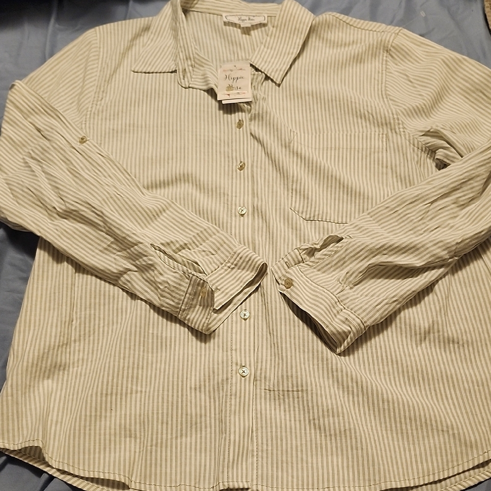 Hippie Rose Women's Light Green Striped Button Down Shirt
